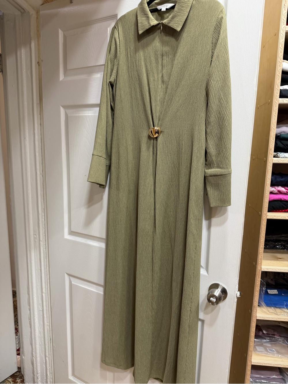 Fares Long-Sleeve Collared Maxi Dress in Olive Green with Decorative Accent